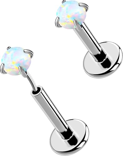 OUFER 2PCS 16G/20G Nose Lip Studs, G23 Solid Titanium Threadless Push in Nose Nostril Lip Labret Medusa Monroe Helix Cartilage Tragus Conch Lobe Piercing Jewelry for Women Men - color: Silver bar, Claw Opal, size: 2pcs, 16g 6mm, 1.5mm Opal