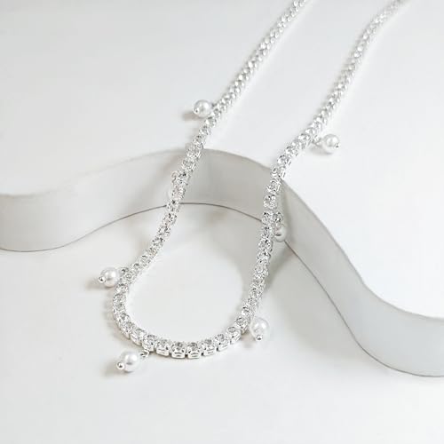 Luxval Tennis Necklace 14K Gold Plated Rhinestone Butterfly Choker Necklaces for women Dainty Zirconia Cut Faux Diamond chain 3mm - color: Silver-Pearl dangle tennis
