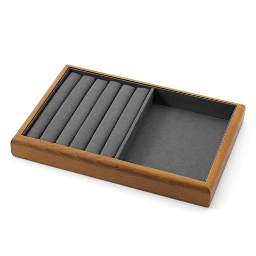Oirlv Wood Jewelry Ring Display Tray Dark Grey | Solid Wood Frame, Soft Microfiber Interior, 9.84X17X1.18In Ring Tray With Slots, Beautiful Wood Finish, Protects Jewelry - color: Grey, size: 5 slot