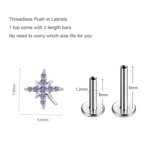 1pcs 16G 18G G23 Titanium Threadless Labret Studs Push-in Labret Lip Cluster Tragus Helix Conch Lobe Rook Cartilage Push Back Piercing Jewelry Earring - style: style A-purple