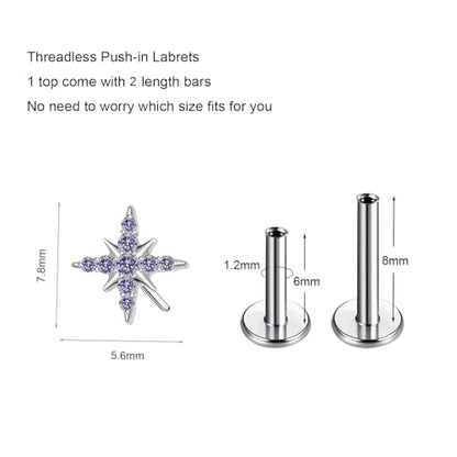 1pcs 16G 18G G23 Titanium Threadless Labret Studs Push-in Labret Lip Cluster Tragus Helix Conch Lobe Rook Cartilage Push Back Piercing Jewelry Earring - style: style A-purple