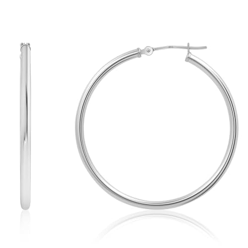 10k or 14k Gold Hoop Earrings for Women | Hypoallergenic Small to Large 12MM to 50MM Hoop Earrings with Secure Click Tops | Yellow or White Gold Classic Hoops in 2MM Thick Tube by MAX + STONE - color: 10K White Gold, size: 35mm | 1.3 inches Diameter
