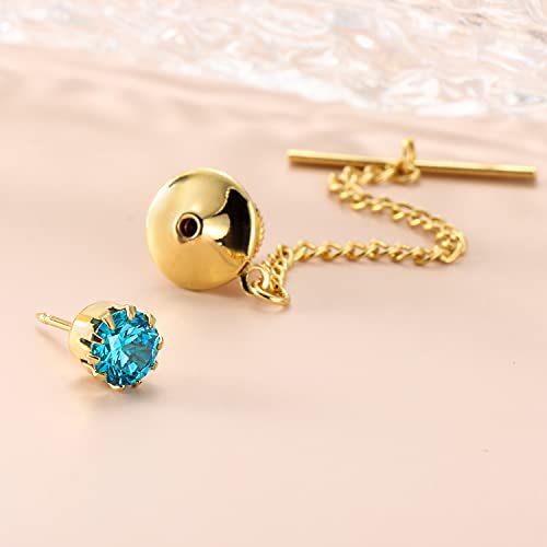 HAWSON Mens Tie Tack with Chain Round Crystal Wedding Business Accessories - color: Gold + Blue Zircon