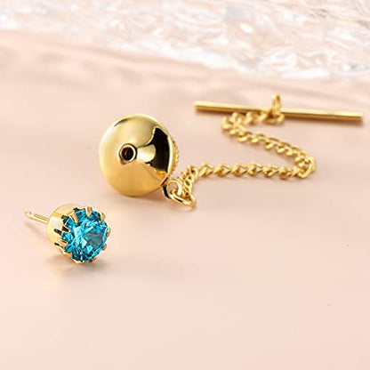 HAWSON Mens Tie Tack with Chain Round Crystal Wedding Business Accessories - color: Gold + Blue Zircon