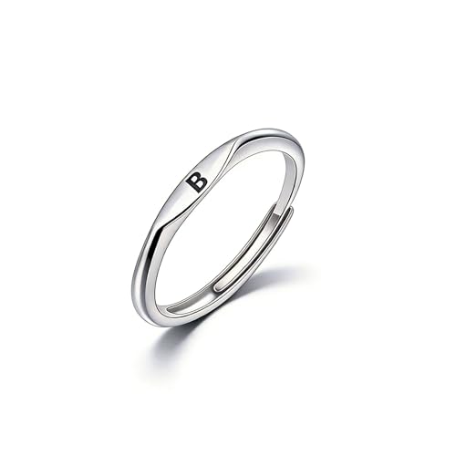 Thin Stacking Initial Rings for Women Stackable Plain Letter Ring Open Adjustable Silver Capital Alphabet Letter Band Ring - color: B