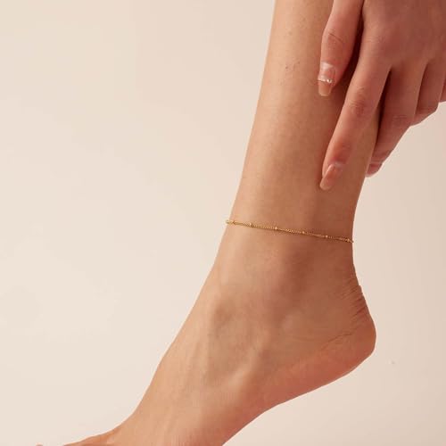 Dainty Ankle Bracelets for Women 18K Gold Plated Waterproof | Satellite Beaded Herringbone Lip Chain Anklets Simple Minimalist Summer Beach Foot Jewelry, Gift Box Included - color: Satellite-Gold