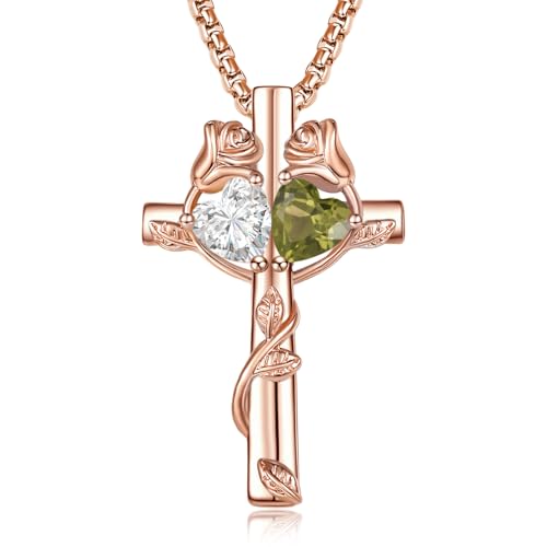 Rose Gold Cross Necklace with 2 Birthstones and Rose | Cross with Birthstone Necklace, Hypoallergenic, Adjustable Rolo Chain, Birthday Gifts, Catholic Christian Religious Jewelry - color: 04-08-Apr-Aug Birthstone