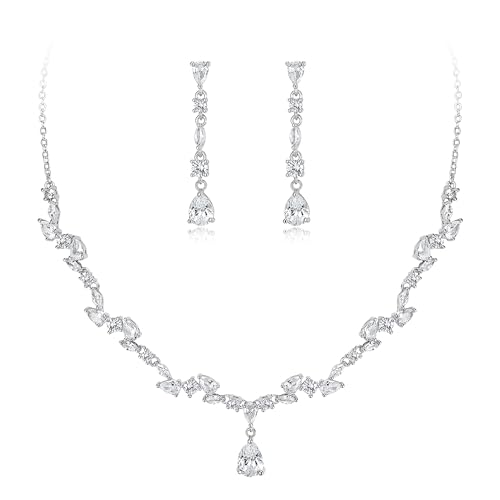 EVER FAITH Pear Shaped Cubic Zirconia Bridal Wedding Jewelry Set for Women | Gorgeous Water Drop Bride Necklace Dangle Earrings, for Bride Bridesmaid - color: White Gold Plated