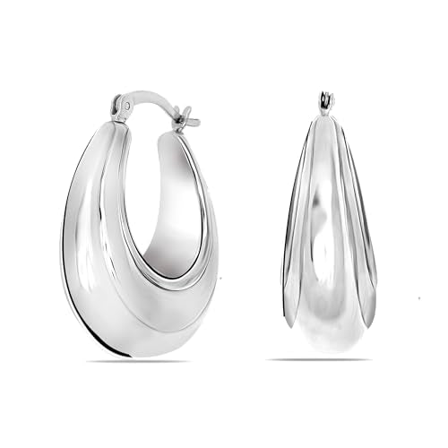 LeCalla Sterling Silver Hoop Earrings for Women | Lightweight Silver Chunky Hoop Earrings | Handmade Electroform Hollow Italian Design Click-Top Earrings Hoop - color: Chunky Thick Oval