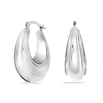 LeCalla Sterling Silver Hoop Earrings for Women | Lightweight Silver Chunky Hoop Earrings | Handmade Electroform Hollow Italian Design Click-Top Earrings Hoop - color: Chunky Thick Oval