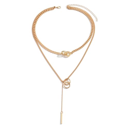 Layered Gold Round Zircon Bar Pendant Necklaces for Women,Vintage Stackable Circle Rhinestone Lariat Necklace,Personalized Jewelry Accessories Gifts - color: Gold