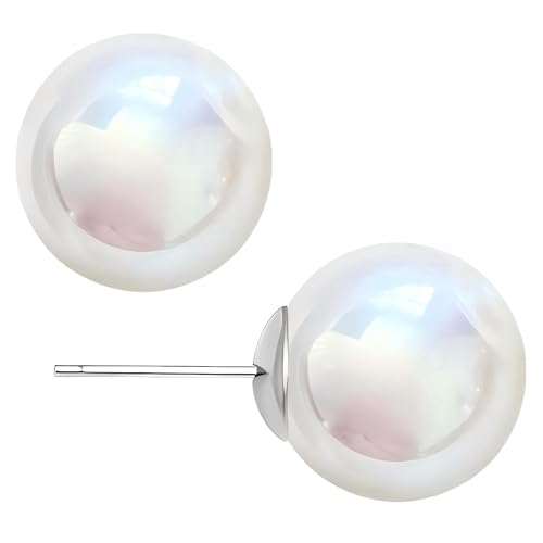 White Faux Pearl Stud Earrings, S925 Silver Posts Hypoallergenic for Women - color: Pinkish White, size: 10mm
