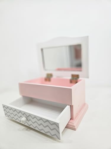 A&C Quinceañeras and More Jewelry Box for Little Girls, Wooden, Pink, Gift Box Mirrow with drawer. (Long Drawer with Mirror) - style: Long Drawer with Mirror