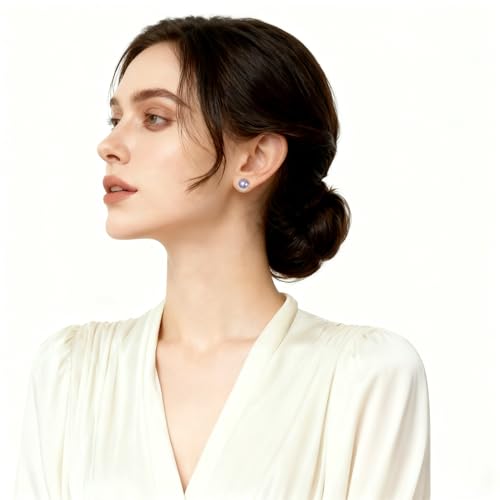 Grey Faux Pearl Stud Earrings, S925 Silver Posts Hypoallergenic for Women - color: Pinkish Grey, size: 12mm
