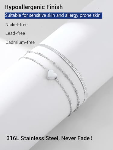 PROSTEEL Trendy Handcuffs Design/Customize Words Ankle Bracelet For Women, 316L Stainless Steel Anklets Silver/Gold/Black Tone, Hypoallergenic, Come with Box - style: 06.2 Layered-Herringbone&Heart-Silver