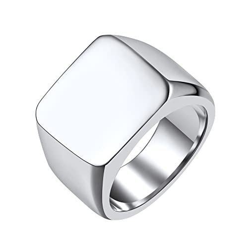 FindChic Customized Signet Photo Rings Square/Heart/Round Chunky Band Ring Stainless Steel/18K Gold Plated/Black Size 7 to 14 Personalized Jewelry for Men Women, Send Gift Box - color: 01. non-customized square (stainless steel)