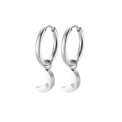 Women's Huggie Hoop Earrings with Small Cute Charm - style: Silver Quarter Moon