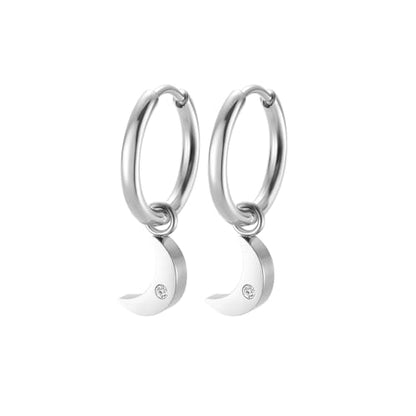 Women's Huggie Hoop Earrings with Small Cute Charm - style: Silver Quarter Moon