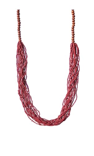 Long Red Multi-Strand Seed Bead Necklace with Wood Beads – 15 Layer Bohemian Statement Necklace, Casual Layered Fashion Jewelry