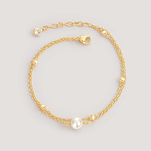 MEVECCO Dainty Chain Bracelets for Women, Layered and Charm Styles | 14K Gold Plated Brass, Select Cubic Zirconia Accents, Single and Multi-Row Structures for Refined Everyday Wristwear - style: 2 Layer 1 Pearl Bead Chain