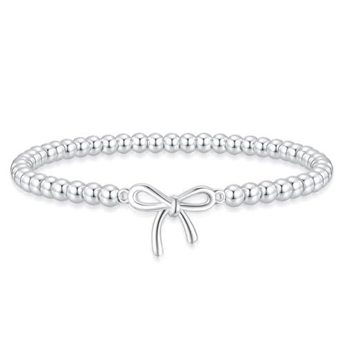 Beaded Bracelets for Women 14K Silver Gold Plated Stretch Handmade Ball Bracelets Cute Charm Bracelet Dainty Stackable Cross Heart Bow Wave CZ Circle Trendy Jewelry Easter Gifts - color: bow-silver