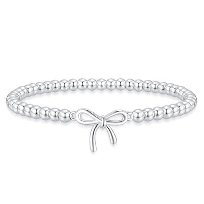 Beaded Bracelets for Women 14K Silver Gold Plated Stretch Handmade Ball Bracelets Cute Charm Bracelet Dainty Stackable Cross Heart Bow Wave CZ Circle Trendy Jewelry Easter Gifts - color: bow-silver