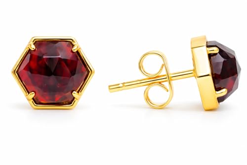 Gempires Hexagon Gemstone Stud Earrings for Women, 14K Gold Plated Hypoallergenic Prong Bezel, Faceted 8mm Crystal Minimal Jewelry Gift