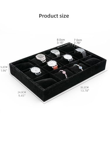 Jewelry Watch Tray, Black Velvet Watch Jewelry Organizer 12 Grid, Stackable Watch Bracelet Bangle Display Holder, Adjustable Pillows, for Man Woman Show Birthday - color: Black
