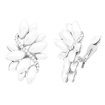 Rosemarie Collections Women's Dazzling Crystal Marquis Leaf Cluster Statement Clip On Earrings, 1.87" - style: White Faux Pearl Silver Tone