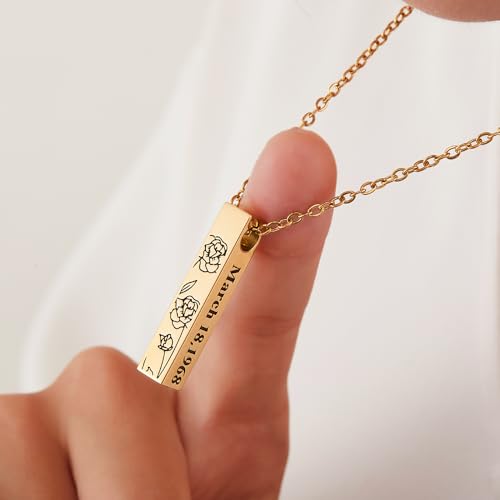 AILIN Customize Cremation Jewelry For Ashes Personalized Birth Flower Name Urn Necklaces For Ashes Stainless Steel Bar Necklace For Women Memorial Jewelry Gifts For Loved One Her Grandma