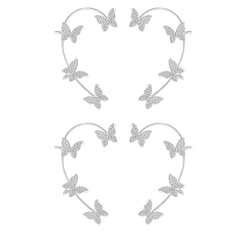 2 Pairs Dainty Silver Butterfly Ear Cuffs & Wraps for Women Non Piercing Bling Butterfly Tassel Style Zircon Earrings Ear Clips Bridal Wedding Jewelry - color: Silver+Silver