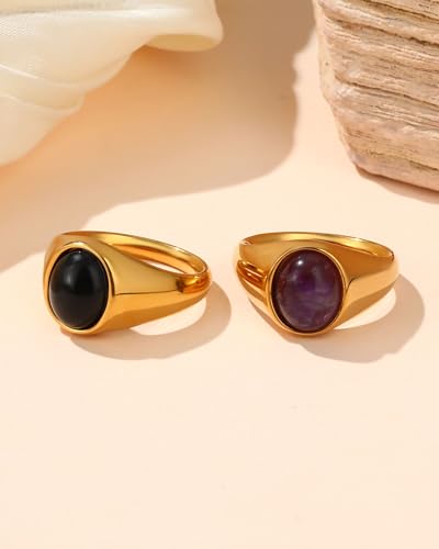 YeGieonr Gold Signet Rings for Women Non Tarnish Gold Rings, Waterproof Gemstones Statement Ring, 18K Gold Plated Stainless Steel Gem Stone Jewelry Gift for Everyday Wear - color: Black Onxy
