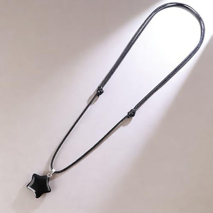 Natural Gemstone Simple Star Choker Necklace for Women, Minimalist Star Pendant Necklaces Adjustable Wax Chain - color: Black Obsidian