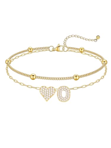 KeyStyle Heart Initial Ankle Bracelets for Women, Layered CZ A-Z Letter | 14K Gold Plated or Silver Stainless Steel Anklet, Hypoallergenic Waterproof Layered Jewelry for Daily Wear & Special Gifts - color: Gold-O