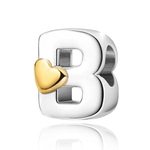 Two-Tone Gold Heart S925 Silver Letter Charm Fits Pandora Bracelet Necklace | Initial Bead Two-Tone Gold Heart, DIY European Bracelet Accessory, Gift for Ladies Birthday Anniversary Valentine - style: B