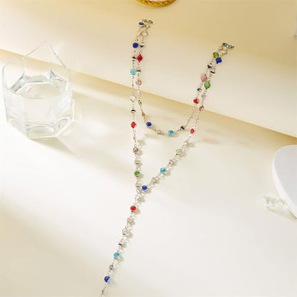 Colorful Crystal Long Necklace for Women Dainty Boho Y-Shaped Color Bead Necklaces Sparkly Rhinestone Pendant Layered Gold Long Chain Choker Good Luck Trend Jewelry Gift Jewelry - color: Double Layer Silver