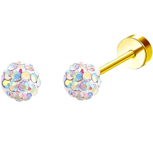 Stainless Steel Stud Earring 1 Pair Gold Flatback Earrings Hypoallergenic Screwback Jewellery Flat Back Helix Jewelry for Sensitive Ears Women Ladies Aretes De Mujer - style: Colour Sphere