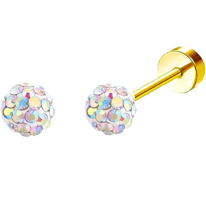Stainless Steel Stud Earring 1 Pair Gold Flatback Earrings Hypoallergenic Screwback Jewellery Flat Back Helix Jewelry for Sensitive Ears Women Ladies Aretes De Mujer - style: Colour Sphere