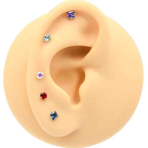 8 Pcs-Pack, Crystal Nose Studs, 20G Stainless Steel, 3mm Zircon, Multiple Shapes Zircon Labret Nose Piercing Ear Jewelry - color: Purple