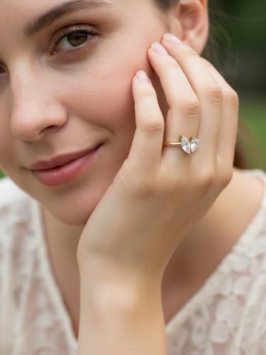 FWM 2 Carat Moissanite Toi Et Moi Open Ring for Women, Adjustable Engagement Wedding Ring, Solid Sterling Silver With Gold Plated, Anniversary Birthday Christmas Valentines Jewelry Gift - color: Yellow Gold, size: 9
