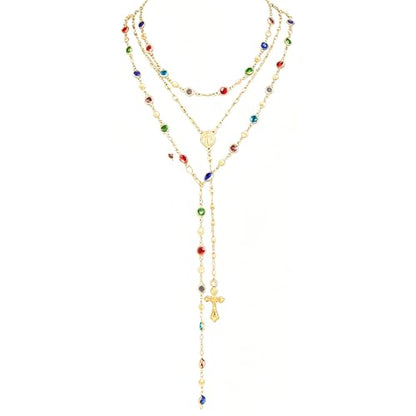 Layered Cross Necklace Set for Women, Layered Choker Necklaces Trendy Jewelry, Colorful Enamel Beaded Y-Shaped Lariat Necklace, Boho Multilayer Cross Necklace for Party and Daily Wear - color: Gold-11