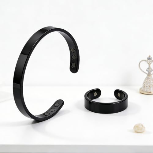 Calming Bracelet Ring Set for Women, Menopause Bracelets Adjustable Bangle Stainless Steel Cuff Climacterium Anxiety Stress Relief Energy Open Jewelry Gift - color: Black + Black