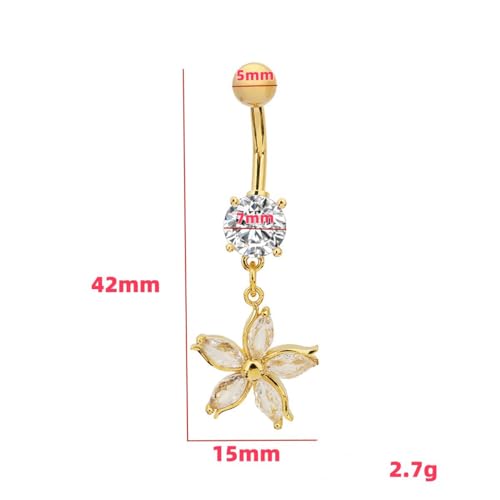 14G Crystal Flower Dangle Belly Button Ring for Women Stainless Steel Rhinestone Fashion Statement Lucky Floral Dangling Charm Curved Barbell Navel Rings Simple Sexy Summer Beach Body Piercing Jewelry - color: Gold-tone