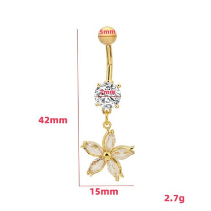 14G Crystal Flower Dangle Belly Button Ring for Women Stainless Steel Rhinestone Fashion Statement Lucky Floral Dangling Charm Curved Barbell Navel Rings Simple Sexy Summer Beach Body Piercing Jewelry - color: Gold-tone