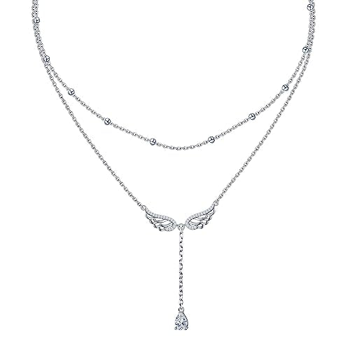 FLYOW Layered Necklace S925 Sterling Silver Y Shaped Jewelry - style: Angel Wings Style