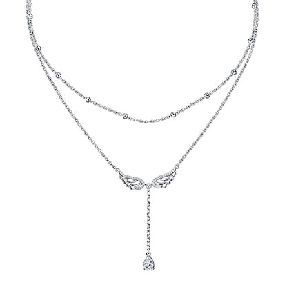FLYOW Layered Necklace S925 Sterling Silver Y Shaped Jewelry - style: Angel Wings Style