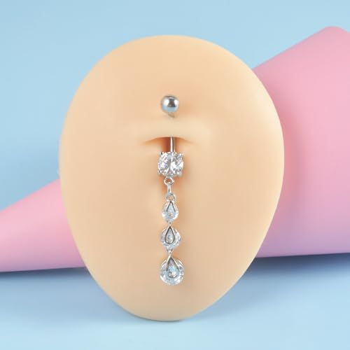 14G Clear CZ Dangle Belly Button Rings for Women 316L Surgical Steel Emerald Crystal Dangling Belly Rings Navel Piercing Barbell Hypoallergenic Body Piercing Jewelry