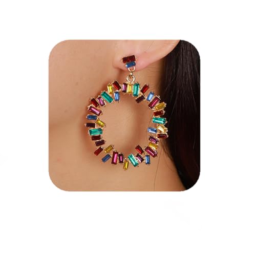 Vintage Round Square Crystal Hoop Dangle Earrings Rhinestone Hoop Tassel Earrings Ear Stud for Wedding Women Brides - color: Colorful