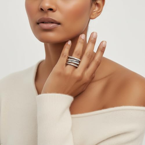 Boho Statement Ring for Women | Oxidized Silver-Plated Pewter Finish, Hammered Open Work Design, Adjustable Band