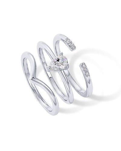PAVOI 14K Gold Plated Stacking Rings for Women | Classy Design with Sparkling Cubic Zirconia Crystals & Opal | Everyday Jewelry - color: White Gold, size: 6, style: Teardrop CZ